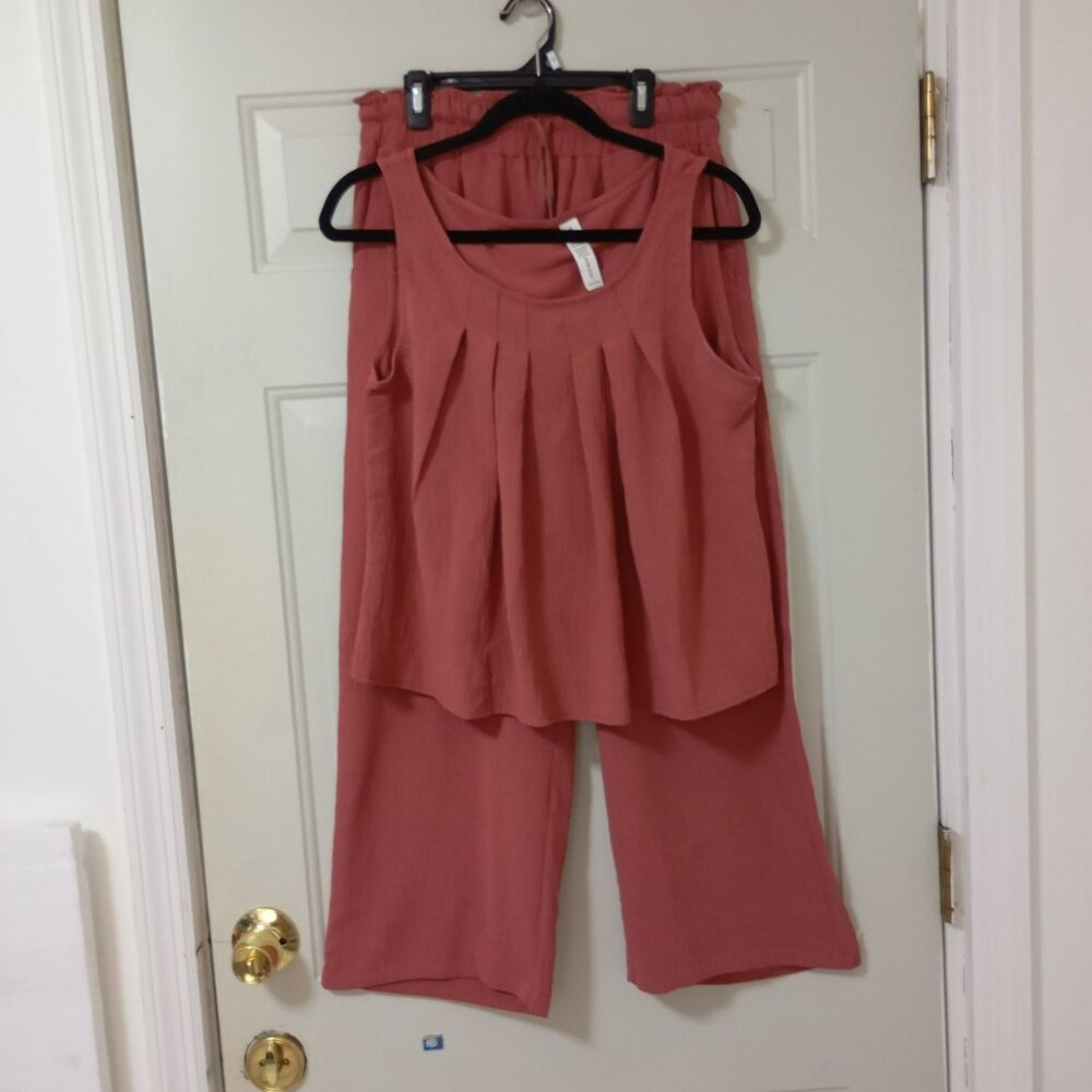 B Set Pants Elastic Waist Wide Leg & Top Sleeveless Pleated Medium Womens.
